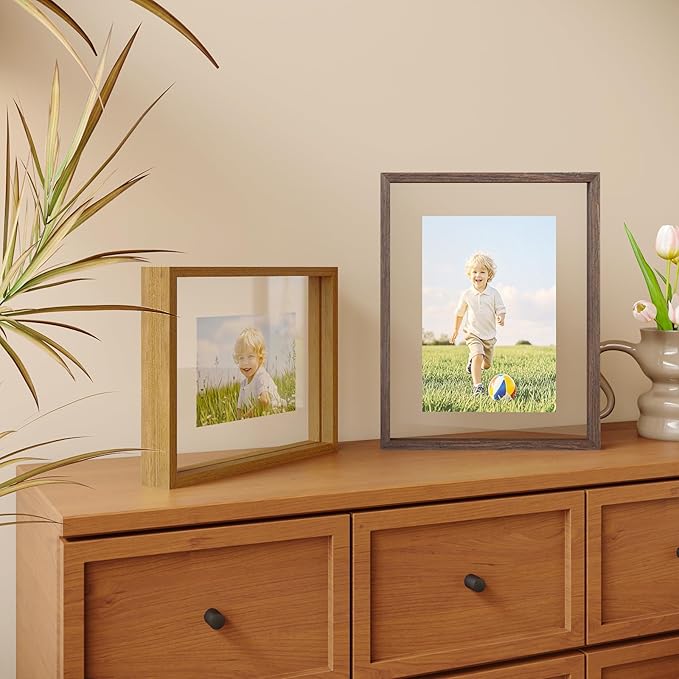 Egofine 11x14 Floating Frames Set of 2, Double Plexiglass Picture Frame, Made of Solid Wood Display Any Size Photo up to 11x14, Wall Mount or Tabletop Standing, Brown