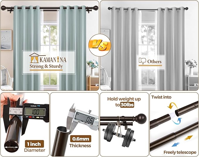 KAMANINA Bronze Extra Long Curtain Rods for Windows 120 to 170 Inches, 1 Inch Double Decorative Curtain Rod 140 to 195 Inches (11.6-16.3 Feet), drapery Rods with Round Finials