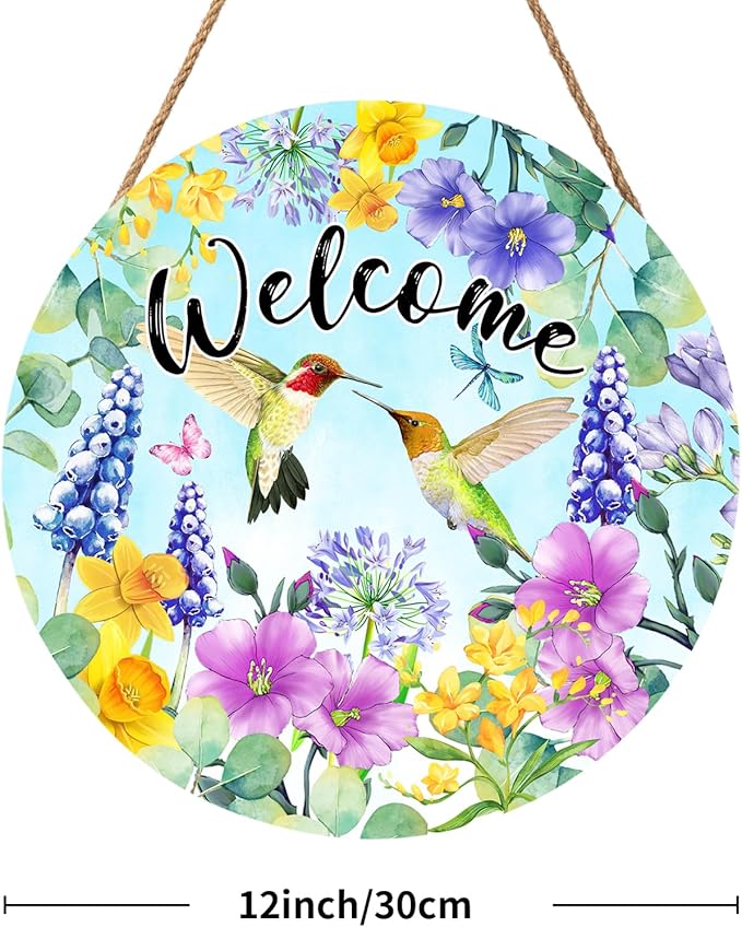 Welcome Spring Hummingbird Front Door Sign Decor 12"x12" Spring Floral Flowers Wood Door Hanger for Outdoor Outside Porch Seasonal Summer Farmhouse Wooden Wreath Wall Hanging Sign for Home Yard
