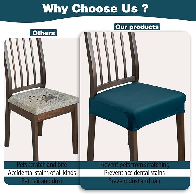 Dining Chair Seat Covers Set of 4, Stretch Velvet Chair Seat Slipcovers Protector, Removable Washable Kitchen Chair Covers for Dining Room Chairs (Set of 4, Teal)