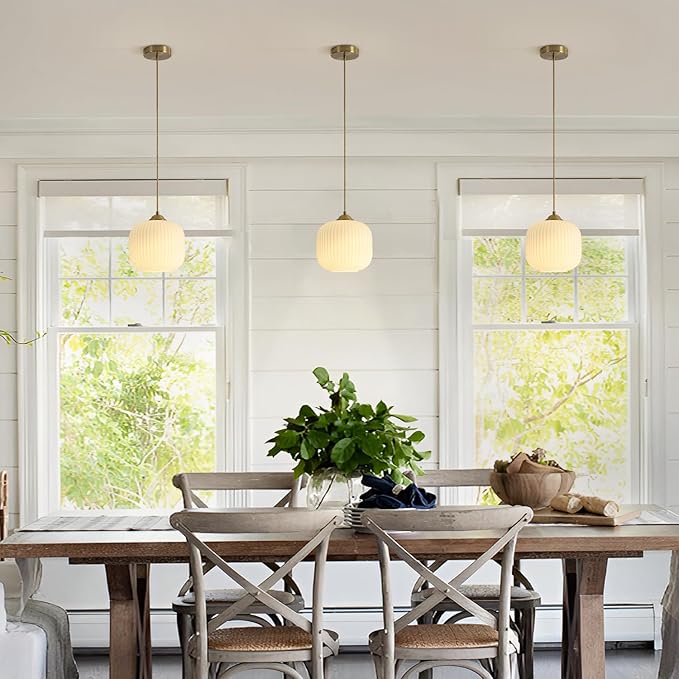 Gold Milk Glass Pendant Light Antique Brass Hanging Light Small White Pendant Lights Kitchen Island Vintage Ribbed Glass Ceiling Light Mid Century Modern Dining Room Pendant Lighting