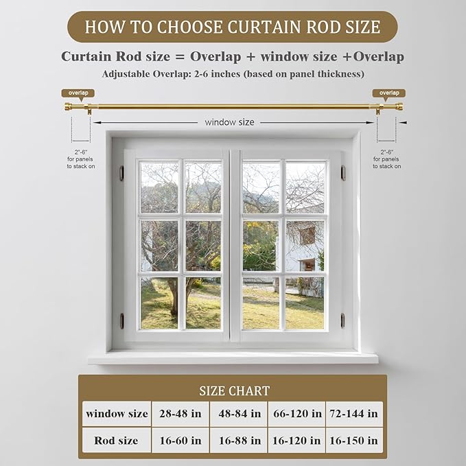 Oneach Heavy Duty Curtain Rods for Windows 48 to 84 Inch, 1 Inch Brass Gold Curtain Rod, Adjustable Length Rod with Metal Finials, Modern Decorative for Bedroom Kitchen Living Room (16 to 88 Inch)