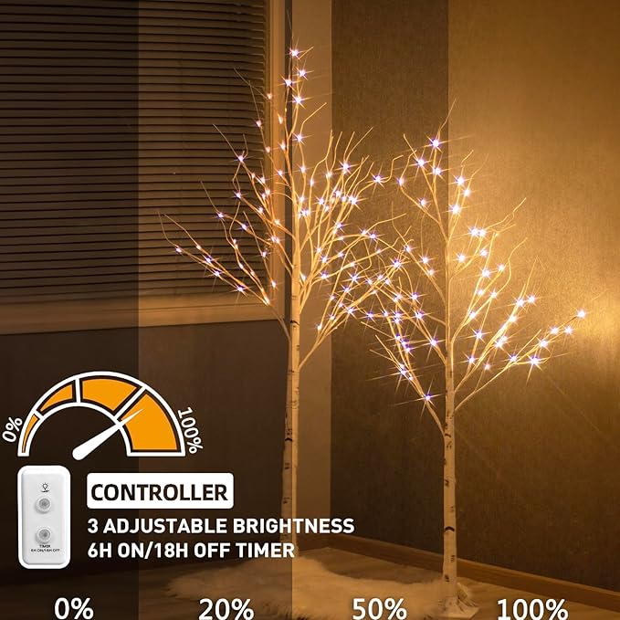Vanthylit Prelit Birch Tree Light, White Christmas Tree for Home Party Wedding Holiday Christmas Decorations Outdoor Indoor Light Up Trees - 2 Pack 5FT 6FT (Timer)