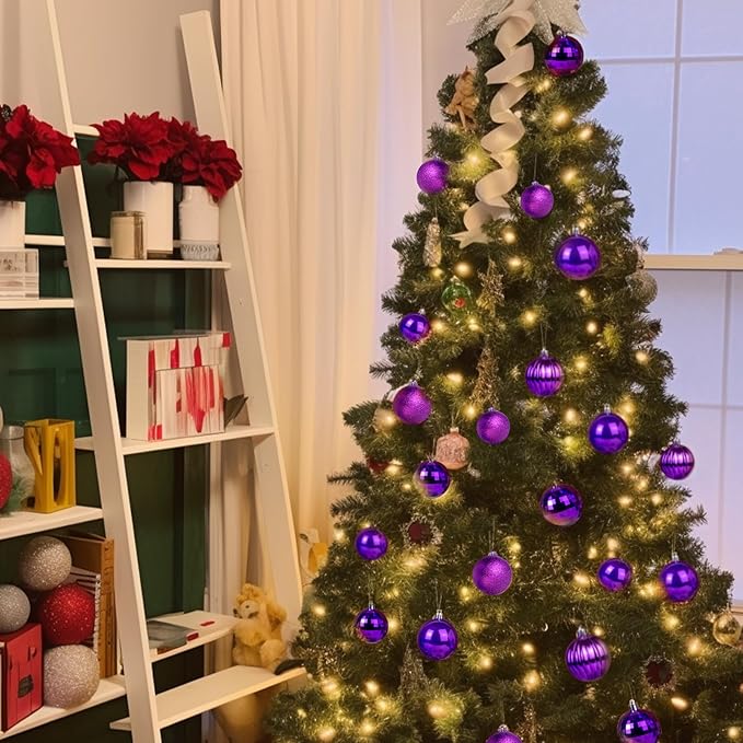 AMS 2.36''/60mm 34ct Christmas Ball Large Ornaments Party Decorations Shatterproof Festival Pendant Hangings for Xmas Tree Decor (60mm, Purple)