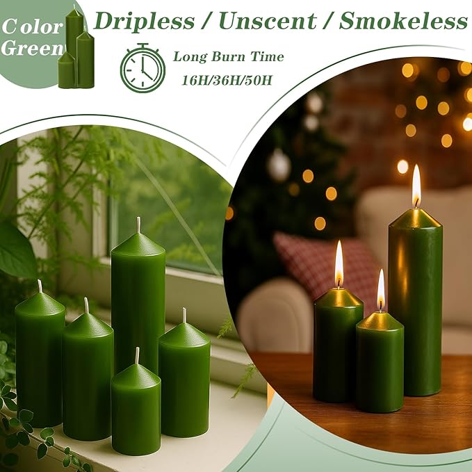 18 Pcs Green Pillar Candles Bulk Set，Hurricane Candles，3 Different Lengths (6 Each)，Dripless Unscented Smokeless，Gives You a Better Atmosphere When Organizing Wedding or Event Party.