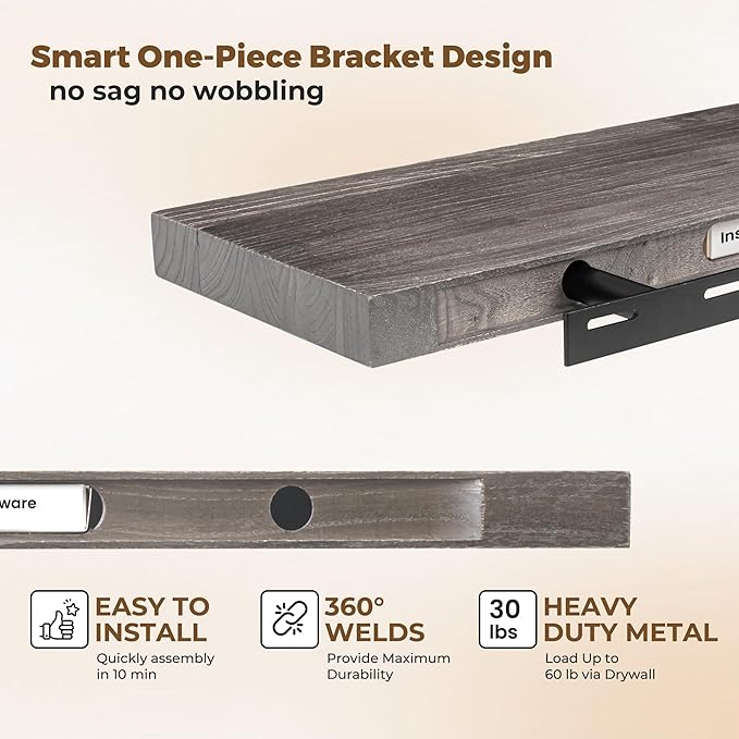 Axeman Floating Shelves for Wall, Rustic Elm Wood 56'' W x 8" D Wall Shelf with Invisible Bracket, Large Long Wall Mounted Storage Shelves for Living Room, Bedroom, Kitchen, Bathroom Decor, Grey
