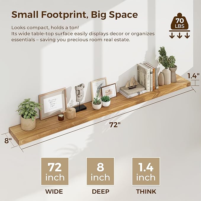 Dreamland 72 inch Floating Shelves for Wall Solid Elm Wood Wall Mounted Shelves|Rustic Long Floating Shelves with Invisible Bracket for Bathroom Living Room Kitchen|Natural, 1 Pack