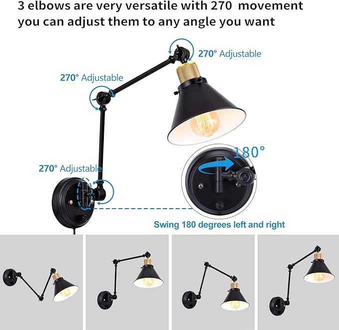 TRLIFE Plug in Wall Sconces, Dimmable Wall Sconce Swing Arm Wall Lights Plug in, Adjustable Wall Mounted Light Wall Lights with 6FT Plug in Cord, E26 Base(Two Arms, 2 Pack)
