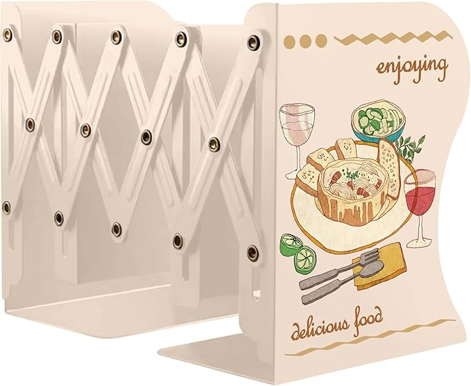 Cookbook Bookends, Kitchen Bookends, Adjustable Metal Book Ends for Shelves Decorative, Unique Design for Heavy Books, Non-Skid Book Holder for Kitchen Housewarming Cooking Lover Gifts (White 1)