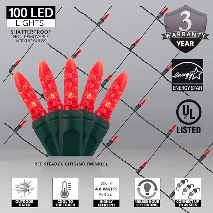 Wintergreen Lighting 100 M5 Red LED Net Lights, 4 x 6 ft Green Wire Indoor/Outdoor Commercial Grade Holiday & Valentine’s Day Hedge and Outdoor Christmas Decor