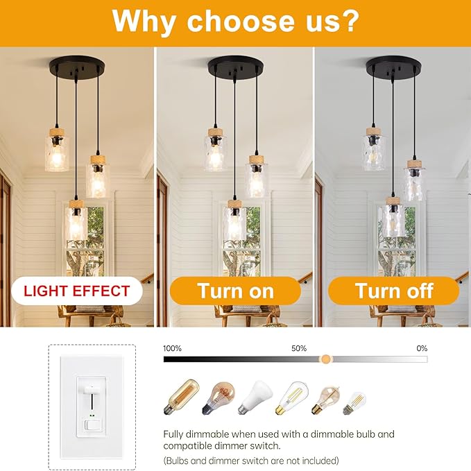Modern Pendant Lights Kitchen Island,No Assembly Required Black Farmhouse Kitchen Island Lighting+Clear Hammered Glass Shade,Industrial Hanging Pendant Lights Fixture for Kitchen Island Dining Room