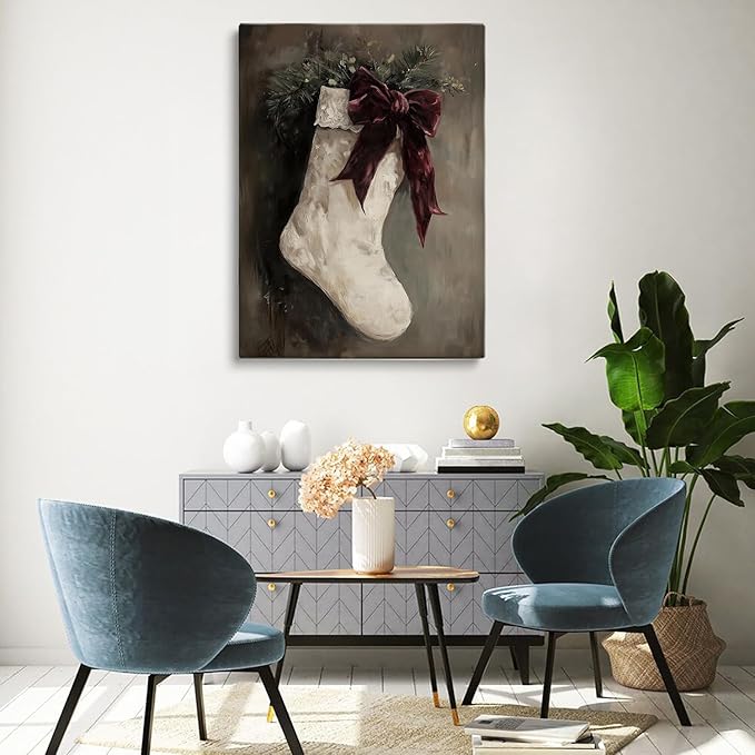 Vintage Christmas Victorian Stocking Poster,Rustic Christmas Winter Wall Art,Burgundy Holiday Decor,Festive Victorian Stocking Art,Christmas Home Fireplace Decor16x24inch Framed Art
