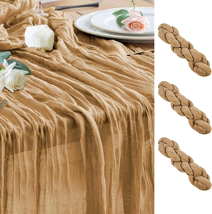 Wokceer Cheesecloth Table Runner 3Pack 10FT Khaki Boho Gauze Cheese Cloth Table Runner for Party Long Rustic Sheer Table Runners for Baby Bridal Shower Wedding Easter Table Decor