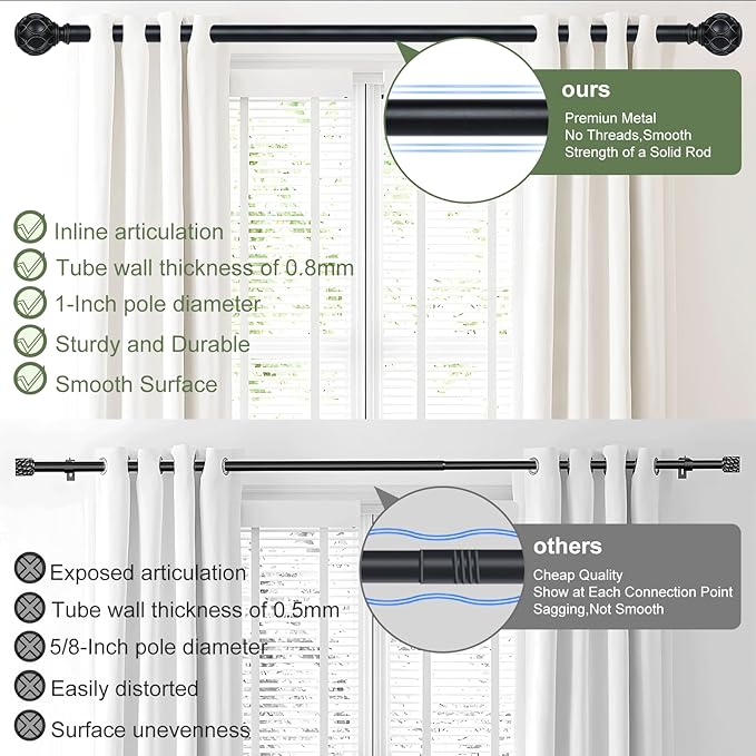 Black Curtain Rods for Windows:Farmhouse Boho Decorative Curtain Rod for Bedroom Living Room,Heavy Duty Adjustable Rustic Drapery Rods Set with Vintage Coastal Texture Finial,Matte Black 72-144"