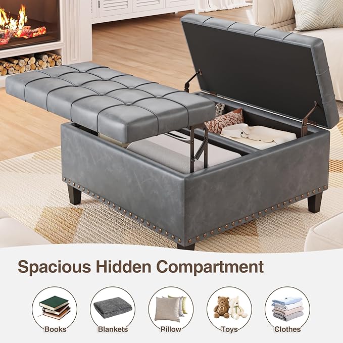 Square Leather Ottoman with Storage, Faux Leather Coffee Table with Lift Top,Large Upholstered Footrest Stool Toy Box Storage Bench for Bedroom Living Room, Grey
