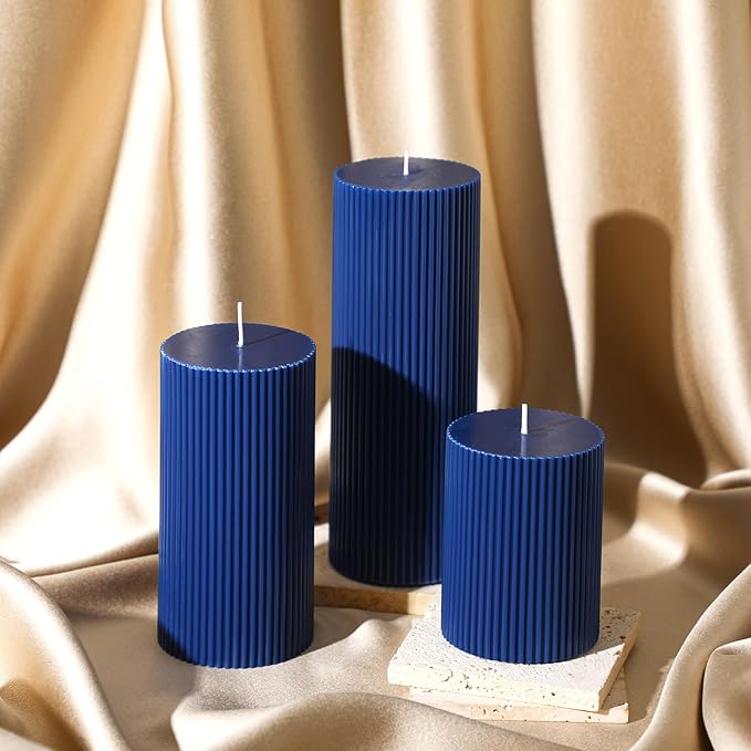 Ribbed Pillar Candles Set of 3, Width 3" High 4" 6" 8" Large Soy Wax Orchids Scented Pillar Candles Aesthetic Ribbed Modern Home Decor for Bathroom Living Room(Navy Blue)