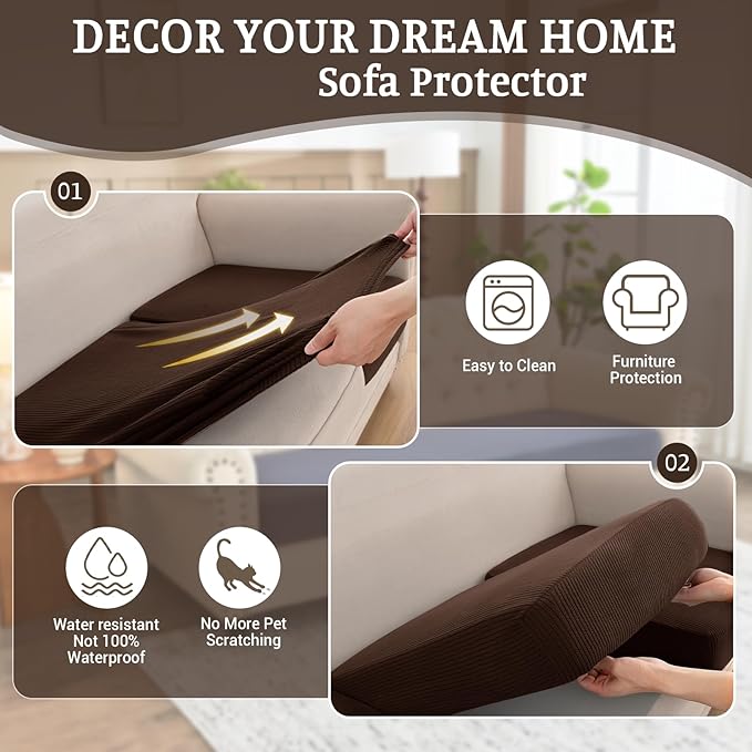Sectional Couch Covers for Sofa Cushion L Shaped Couch Cover Washable Soft Couch Cushion Covers Stretch Sofa Slipcovers(1-Piece for Chaise or Sofa 3-Seater, Brown)