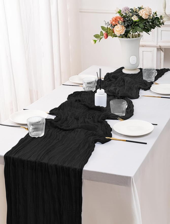 10 Pack Black Cheesecloth Table Runner,10FT/120 Inch Boho Gauze Fabric Table Runner,Rustic Sheer Black Cheese Cloth Runner Bulk for Wedding,Bridal Baby Shower,Birthday Party,Holiday Home Table Decor