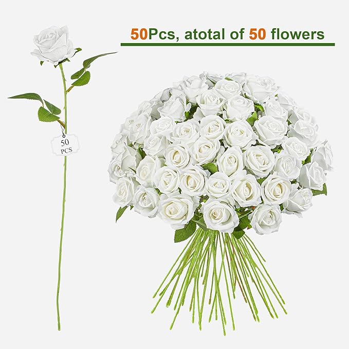 Artificial Flowers Roses Touch Fake Rose Bouquet Flower Stem for Wedding Centerpieces DIY Wreath Home Decorations Silk Roses Mothers Party Fake Outdoor Flowers Decor 19.6"(50PCS White)