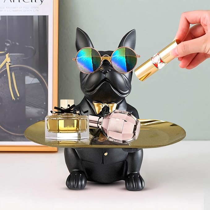 Bulldog Tray Statue, Sitting Bulldog Candy Dish Key Holder Bowl, Bulldog Accessories, Resin Statues for Office Desk Home Decor Figurines Entryway Table Decor (Black)