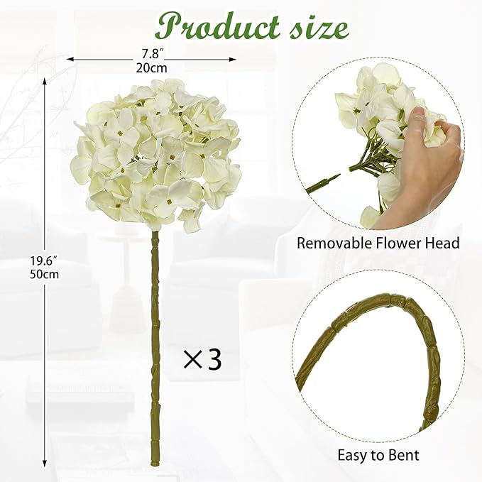 White Hydrangea Artificial Flowers, 19.6in Dried Textured Silk Hydrangea Flowers With Stems 3 Pcs Fake White Flower Faux Floral Stems Artificial Flower Bulk for Table Centerpieces Wedding Home Decor