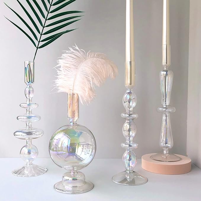 Candle Stick Candle Holder, Glass Candle Holders for Table Centerpiece, Modern Style Iridescent Candle Holder Mixed 4pcs