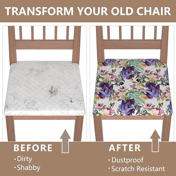 Stretch Dining Chair Seat Covers Set of 2,Dining Chair Slipcovers, Floral Printed Chair Covers,Soft Fabric Washable Upholstered Chair Seat Protector, No Rear Covers for Home Kitchen Dining Room