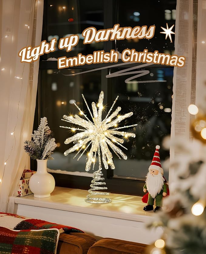 Luxspire Christmas Tree Topper, Crystal Lighted Christmas Tree Star with Remote & USB Starburst Tree Topper for Home Holiday Decor, 6H Timer & 8 Lighting Modes, Starburst Star-Silver