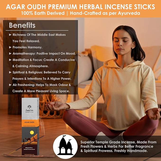 Simply Vedic Agar Oudh Incense Stick (Approx 135 Sticks, 250 Grams) Premium Handmade Agarbatti with Insense Holder| Lasts 45 Minutes| for Aromatherapy, Meditation, Yoga, Home & House Decor- Gift Set