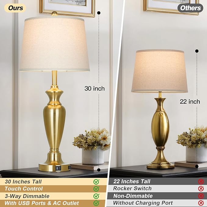30" Tall Gold Table Lamps Set of 2 for Living Room, Touch Control Bedside Lamps for Nightstand, 3-Way Dimmable Bedroom Table Lamp with USB A+C Ports and AC Outlet (2 LED Bulbs Included)