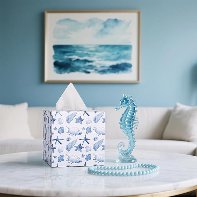 SOMTO Acrylic Square Tissue Box Cover,Beach White Starfish Seashell Coastal Decorative Tissue Holder Dispenser Bathrooms, Desks, Countertops, Vanities, Bedrooms, and Nightstands Decor