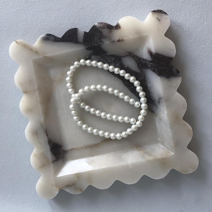 Vintage Natural Marble Tray Small Ornaments Scalloped Tray Handmade Storage Dish for Counter, Vanity, Dresser, Nightstand and Desk (Calacatta Purple)