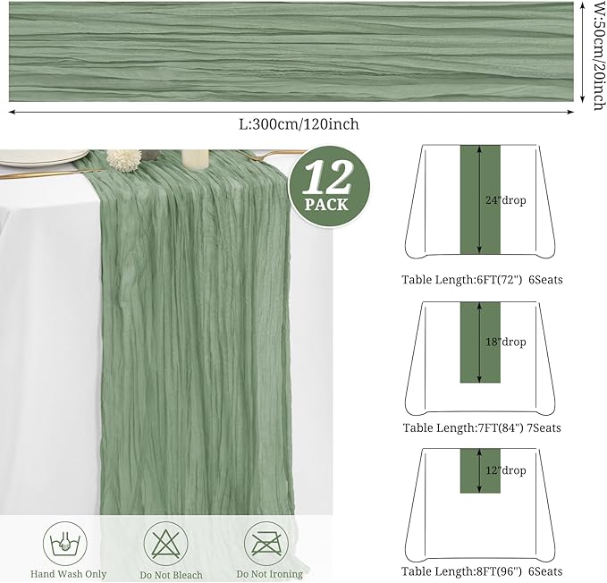 12 Pack Sage Green Cheesecloth Table Runner,10FT Gauze Boho Long Cheesecloth Table Runners 20x120inch Rustic Cheese Cloth Table Runner for Wedding Party Bridal Shower,Christmas Decorations
