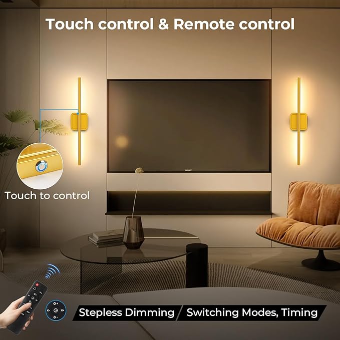 1 Pack Battery Operated Wall Sconce Detachable 360°Rotate, Wireless Wall Lamp 3000-6500K Dimmable, 10000mAh Rechargeable Wall Light for Bedroom, Living Room，28" Gold