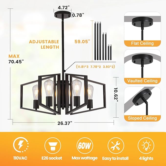WJShome Black Chandelier, 4-Light Farmhouse Dining Room Light Fixture/Chandelier Over Table, Geometric Pendant Lights Kitchen Island, for Entryway, Foyer, Hallway