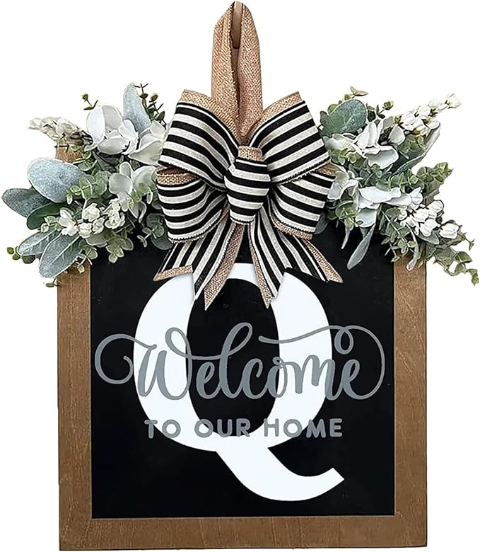 Last Name Year Round Front Door Wreath Front Porch Decoration 26 Letter Welcome Sign with Eucalyptus Garland and Bow Spring Wreaths for Front Door Outside Hanger Garland（Q）