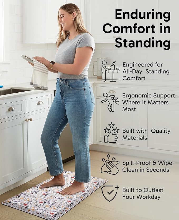 Ophanie Kitchen Mats for Floor, 3/4 inch Thick, 20x48 Anti Fatigue Cushioned Mat, Kitchen Rugs, Waterproof, Comfort Ergonomic Standing Mat for Office, Home, Sink, White Flower Non-Slip Ridged Bottom