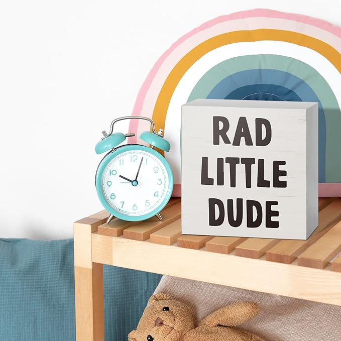 JXREQ Rad Little Dude Boy Kid Bedroom Nursery Desk Decor Kids Room Playroom Bathroom Table Shelf Decorations, 5x5 Inch