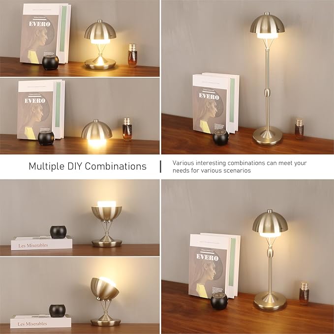 Modern Table Lamp Cordless Portable Desk Lamp, 2700K Stepless Dimming Rechargeable Battery Operated LED Lights for Bedroom, USB-C Charging, Restaurant/Bar/Night Light/Gifts (Brushed Nickel)