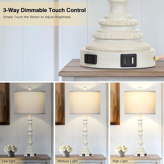 27.5" Tall Table Lamp for Living Room Set of 2, Vintage Farmhouse Table Lamps with USB C+A Ports, 3-Way Dimmable Touch Bedside Lamps, Tradition Bedroom Lamps for Nightstand Side End Table Desk, White