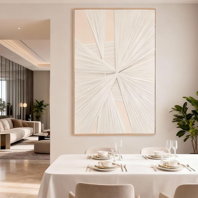 Artists' Handicraft, Large 3D Fabric Hand Painted Framed Wall Art, Minimalist Modern Luxury Artwork, Abstract Boho Modern Long Beige Wall Decor, Neutral Trendy Paintings for Living Room Bedroom Hallway Office, Vertical, 30x45 In