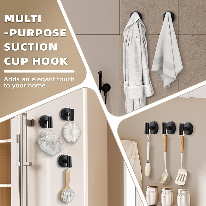 Suction Cup Hooks for Shower - Bathroom Reusable Hooks for Towels, Robes & Loofah - No-Drill Mounting on Kitchen, Walls, Metal, Glass, Mirrors, Tile & Smooth Non-Porous Surfaces Matte Black 4 Pack