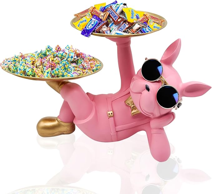 Resin French Bulldog Tray Statue, Lying Bulldog Candy Dish Key Holder Bowl, French Bulldog Accessories, Statues for Office Desk Home Decor Figurines Entryway Table Decor (Pink)