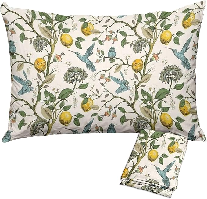 Lemon Tree Pillow Protectors with Zipper Standard Size Vintage Blue Birds Print Pillow Covers Set of 2 Rustic Nature Floral Botanical Pillowcases Antique Midcentury Modern Bed Pillow Covers 30"x20"