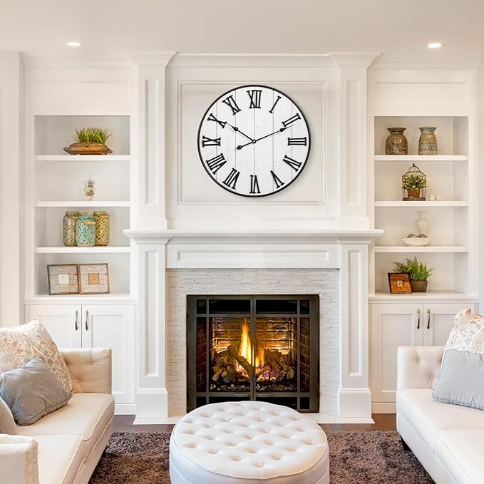 MODE HOME Large Rustic Wooden Wall Clock, 24 Inch Whitewashed Farmhouse Wall Clock with Carved Roman Numerals, Silent Battery Operated Round Vintage Clock for Living Room, Kitchen, Bedroom, Study Room