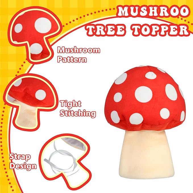 Eyourlife Mushroom Tree Topper, 9 Inch Christmas Tree Ornament, Red and White Farm Tree Topper Plush Stuffed Decorations for Christmas Holiday Birthday Indoor Party Supplies