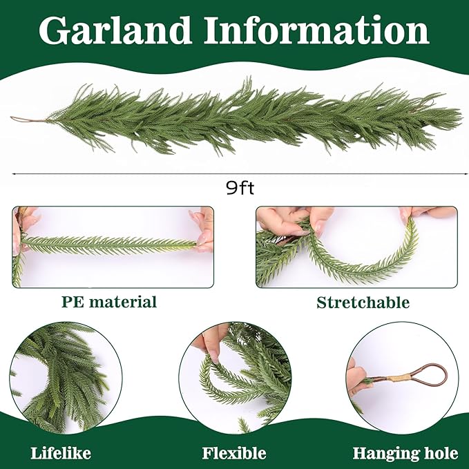 9 FT Christmas Artificial Norfolk Pine Garland with 18" Wreath, Real Touch Xmas Faux Greenery for Holiday Table Mantle Wall Fireplace Windows Home Front Door Indoor Decor