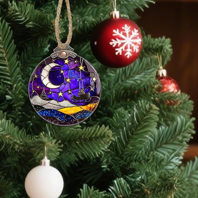 Stained Glass Christmas Decorations,Purple Night Scene with Stars Moon Suncatcher for Window Christmas Tree Hanging Ornaments Sun Catcher Xmas Decor Gifts for Women Men Mom Nana Friend