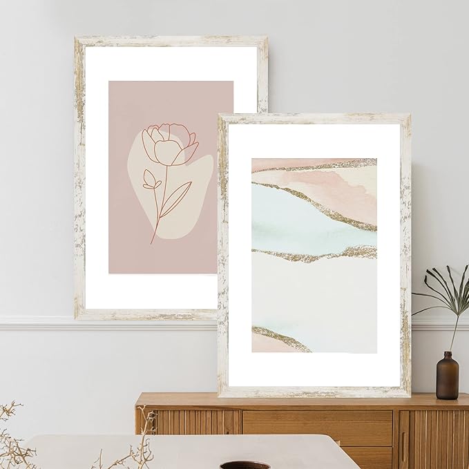 22x28 Frame Set of 2, Distressed White Wood Style - Display 18x24 Picture Frame with Mat or 22 x 28 Poster Frame without Mat, Wall Mounting Horizontal and Vertical