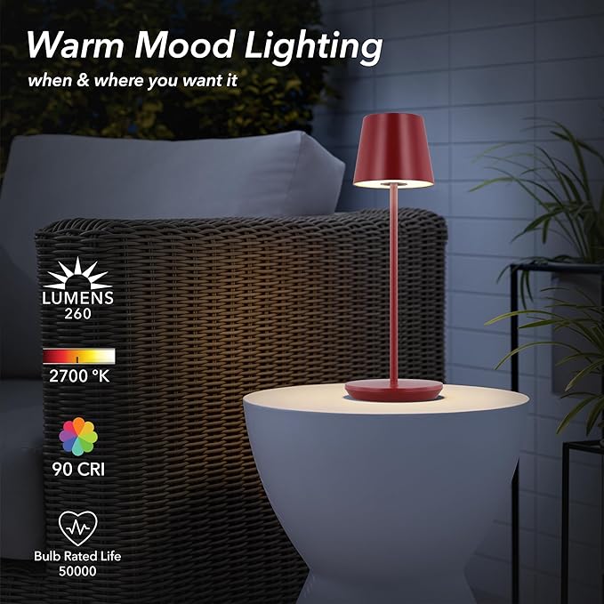 Generation Lighting Mena Accent Rechargeable Table Lamp – 14.5” Dark Red Steel Lamp with 3-Way Base Switch, 2.4W Up/Down LED at 2700K, 260 Lumens, USB-C, Wet Rated (8000701-211)